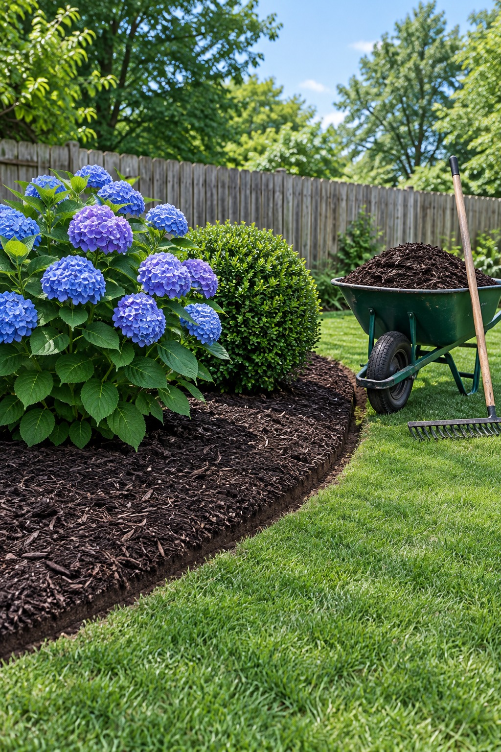 Fresh dark mulch with a clean lawn edge around a hydrangea and boxwood with a wheelbarrow beside it