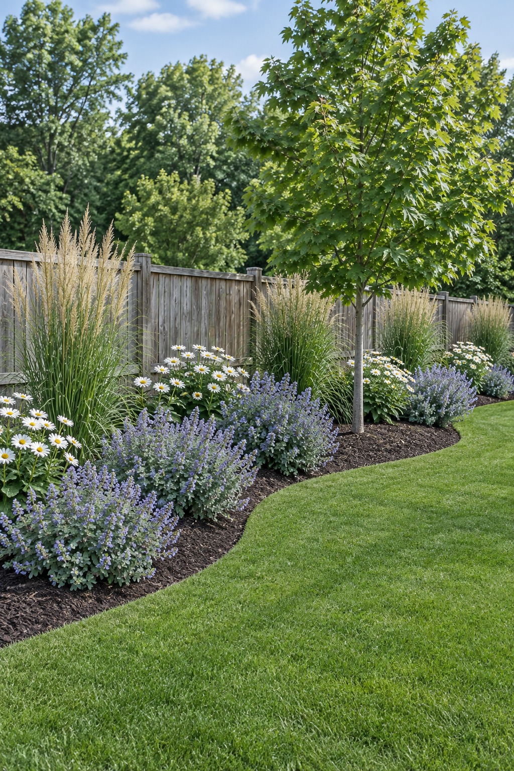 One wide curved garden bed with grass, catmint and daisies along a fence instead of several small beds