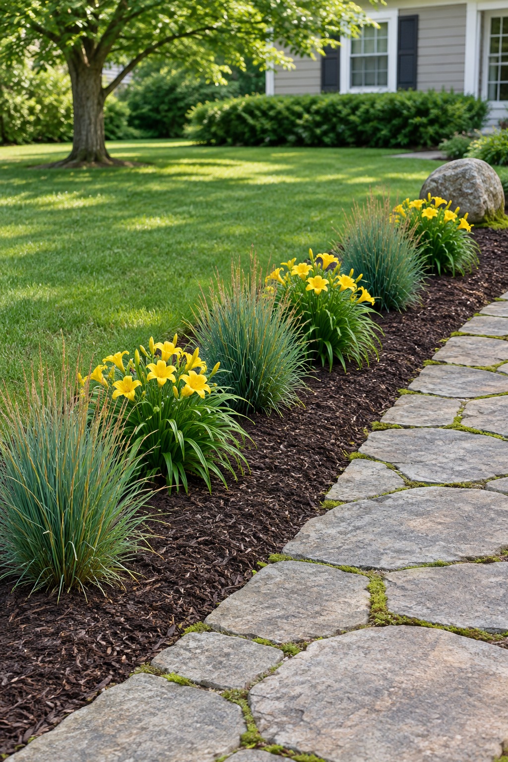 Walkway bed with repeating clumps of little bluestem grass and yellow daylilies
