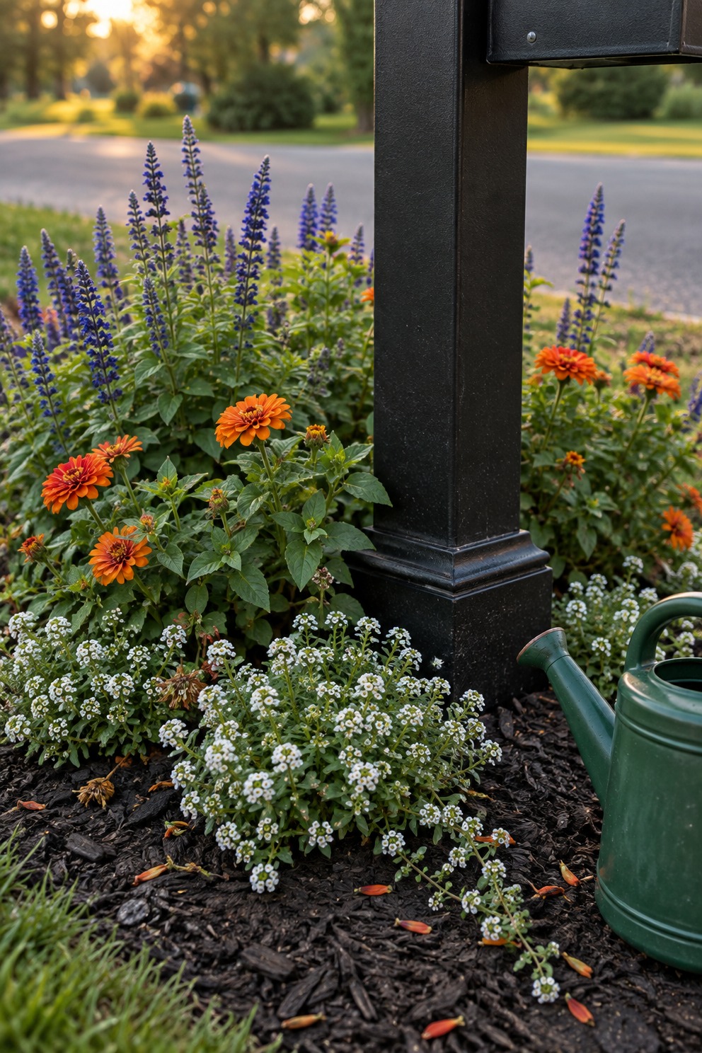 Close view of salvia, zinnia and alyssum in a mulched mailbox flower bed