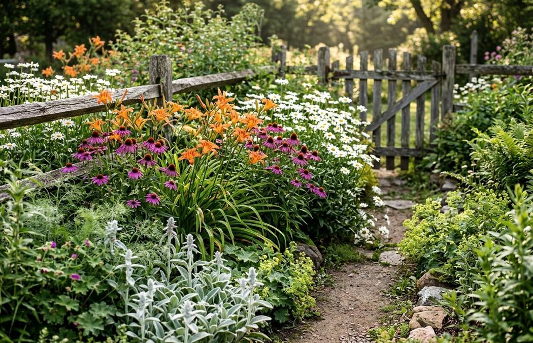 Garden path bordered by white, purple and orange flowers