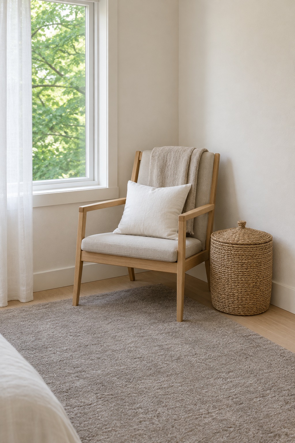 Clear oak bedroom chair with a folded linen throw and a lidded basket beside it