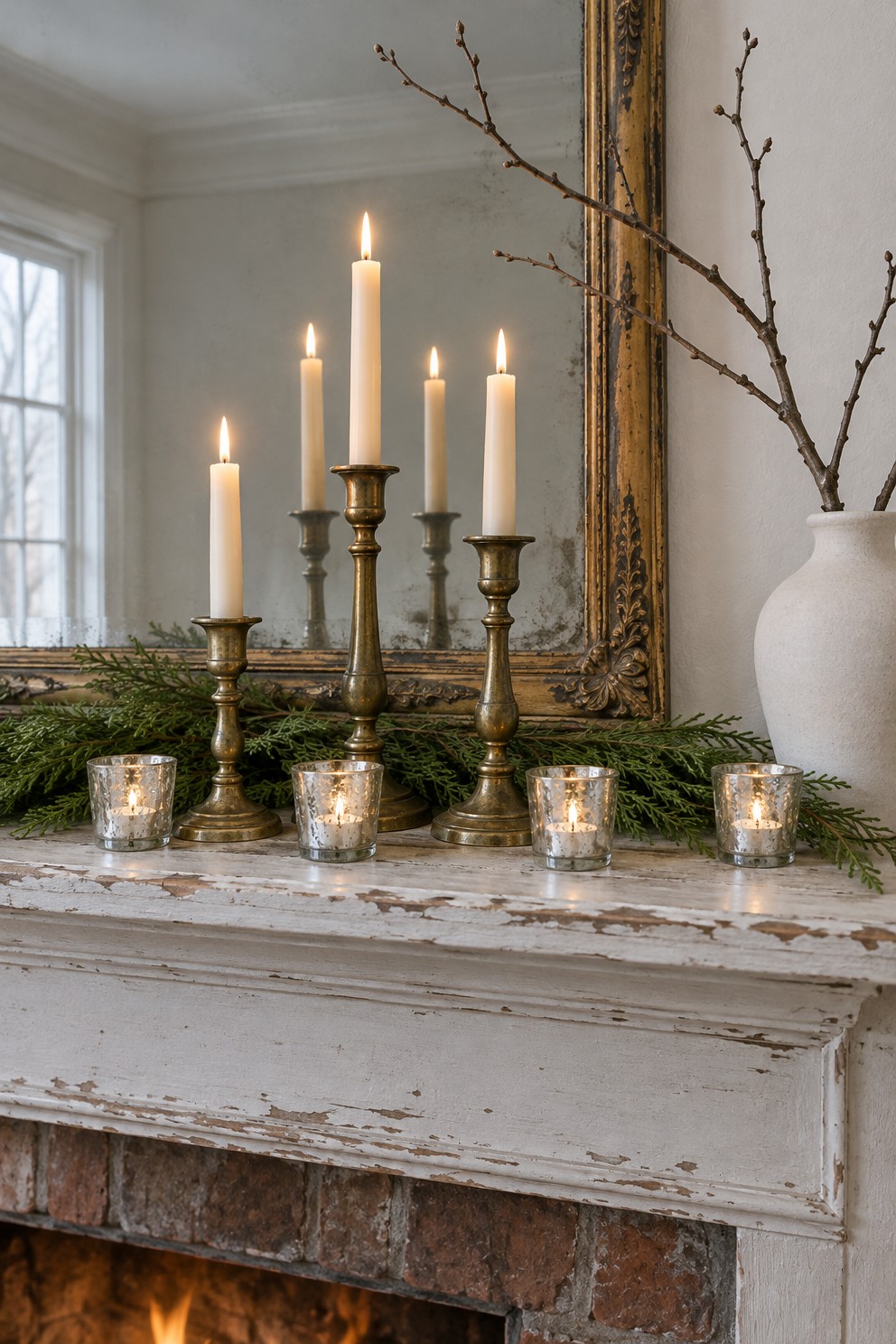 Close view of a white mantel shelf with an antique gold-framed mirror behind lit cream taper candles in brass candlesticks of three heights, silver mercury glass votives and a vase of bare branches