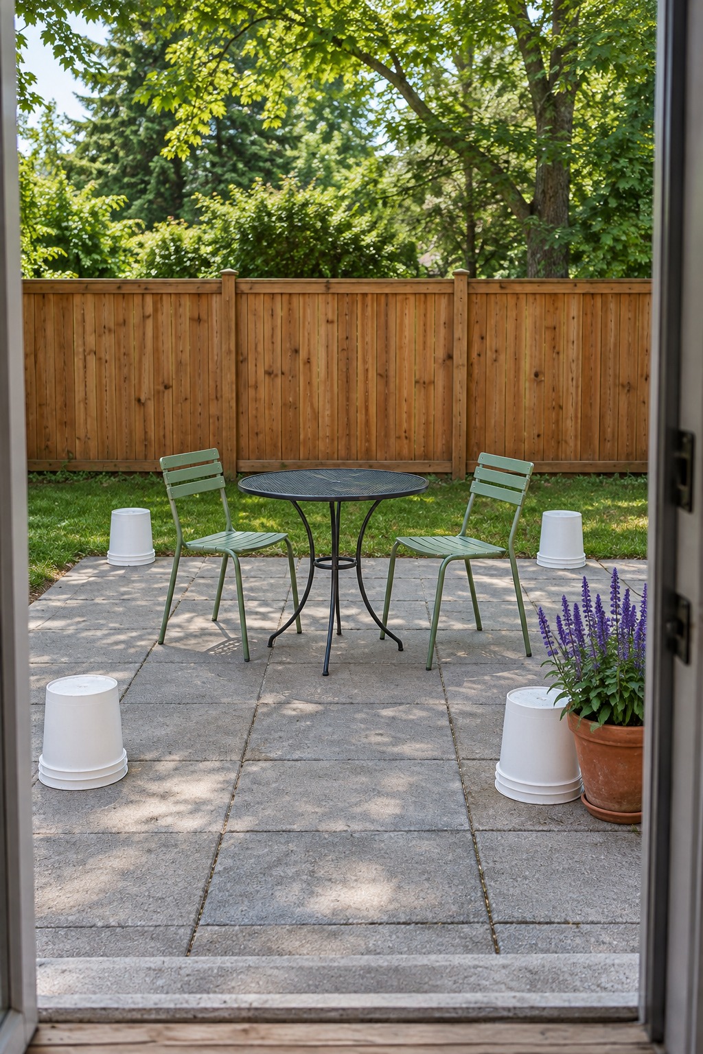White buckets marking pergola post corners around a bistro table on a small paver patio