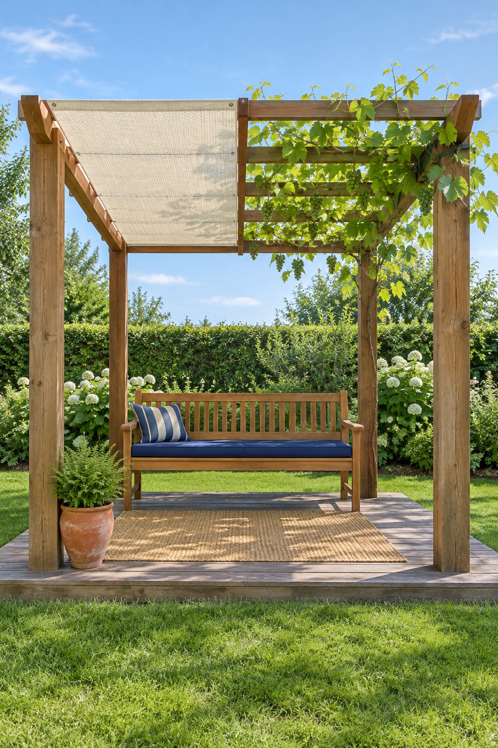 Cedar pergola with a cream shade-cloth panel on one half and a grapevine on the other