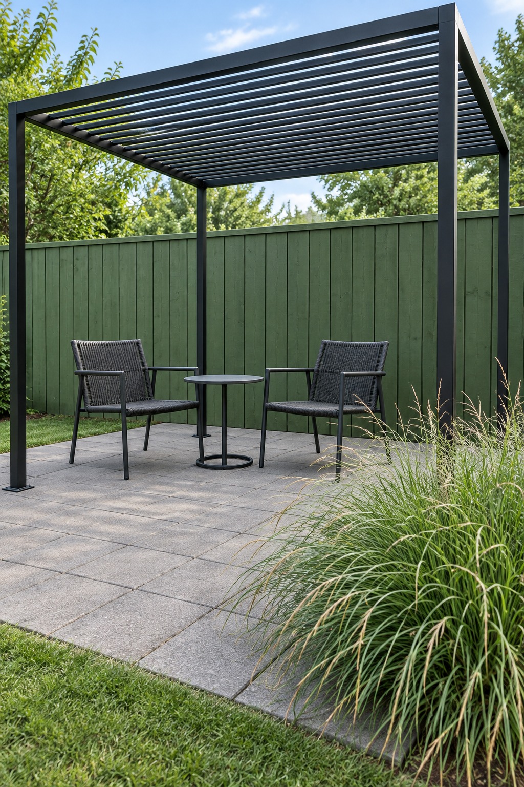 Slim black steel pergola with open slats over a small paver patio