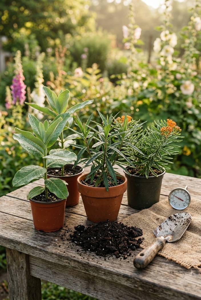 Milkweed plants in nursery pots ready for garden planting
