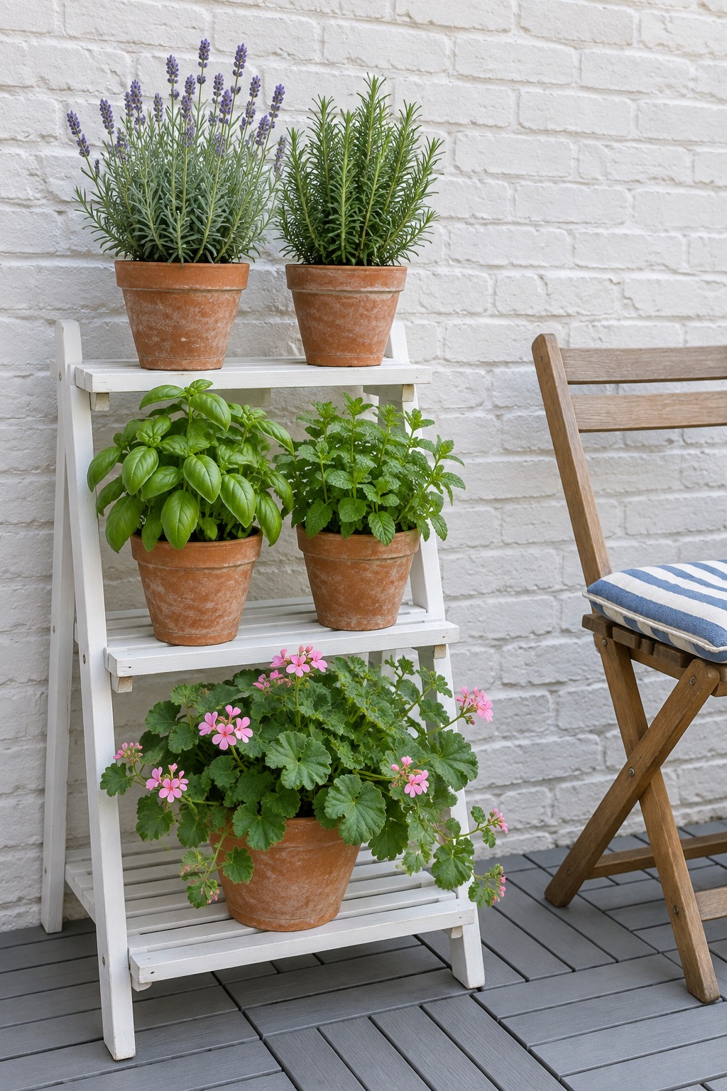 Tiered plant stand with lavender, rosemary, basil, mint and scented geranium on an apartment patio