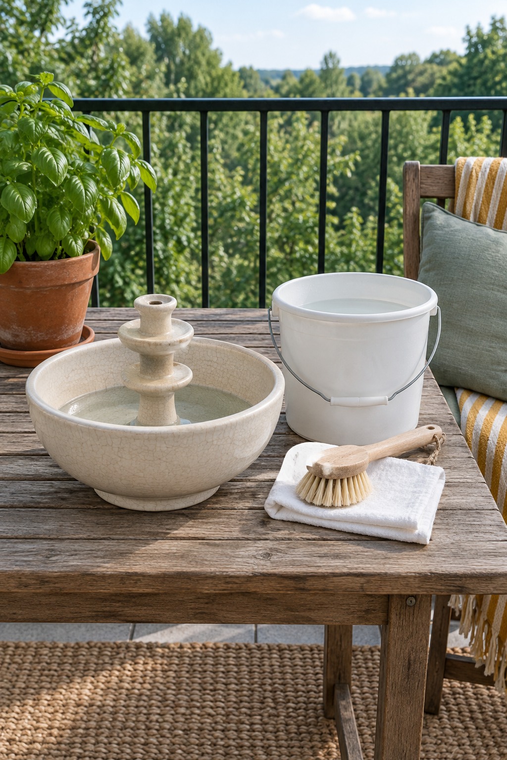 Small ceramic tabletop fountain with a scrub brush and bucket on a balcony table