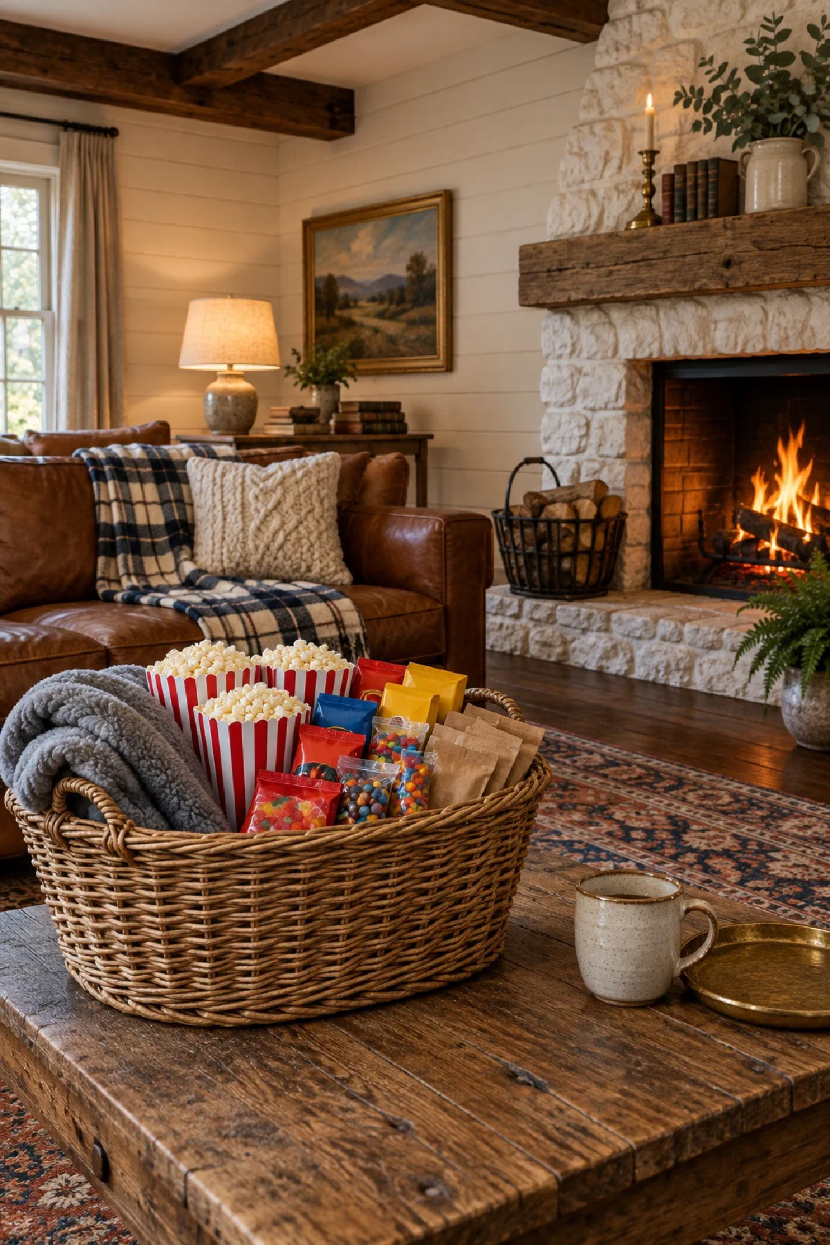 Wicker basket on a farmhouse coffee table filled with red and white popcorn boxes, movie theater candy, a folded gray fleece throw and hot cocoa mixes, a fire going in the stone fireplace and a lamp lit behind the sofa