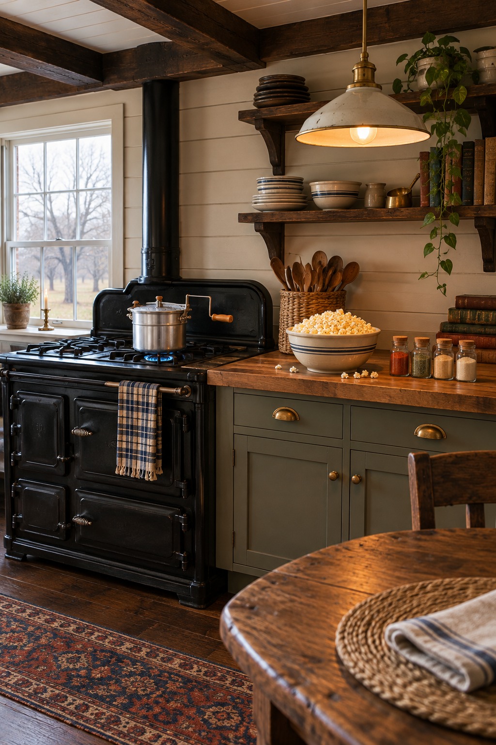 Stovetop popcorn popper on a farmhouse kitchen stove with a bowl of popcorn and small jars of popcorn seasoning on the counter beside it under a warm pendant lamp