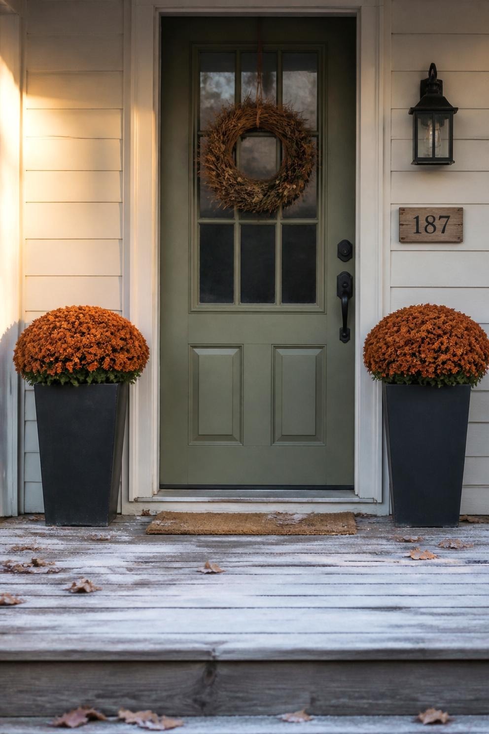 Two orange mums in dark planters beside a front door with a wreath