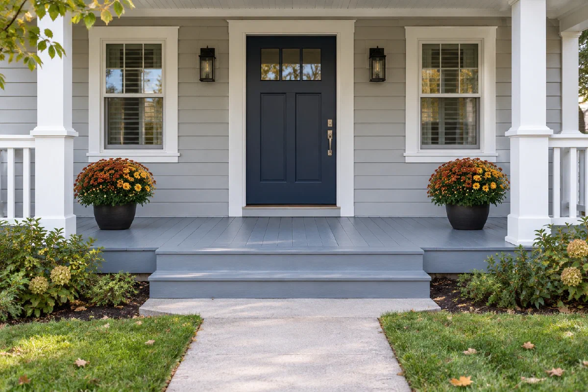 Front-facing blue-door porch with two flowering mums at the outer sides and clear central steps