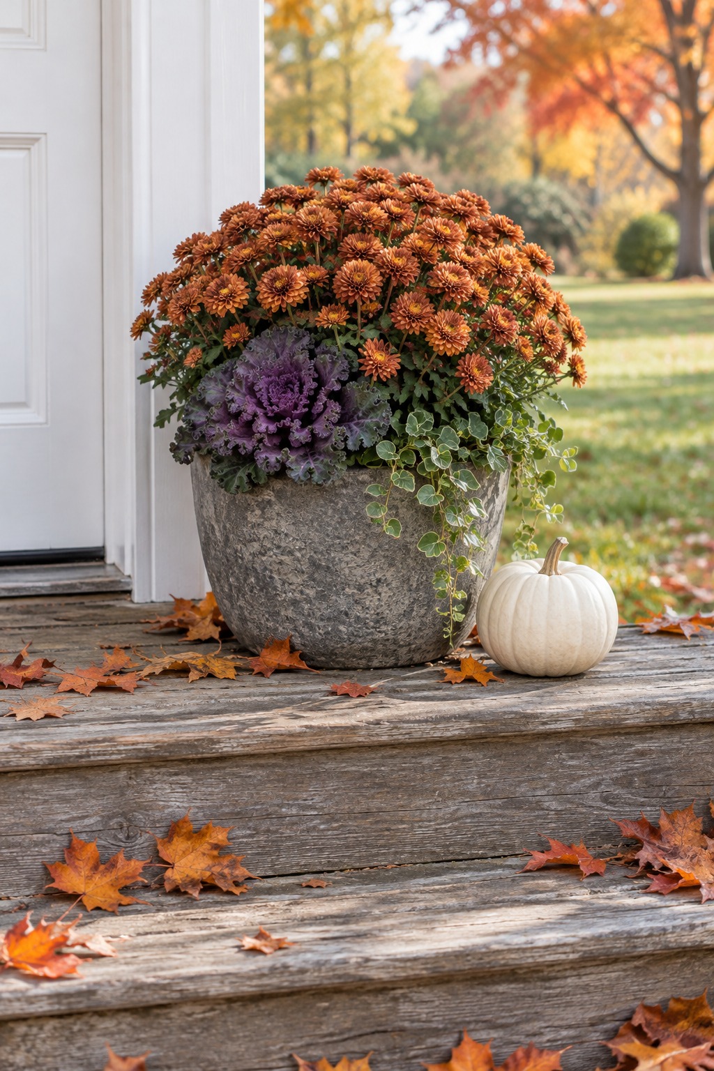 Gray planter with a bronze mum and purple ornamental kale beside a small white pumpkin
