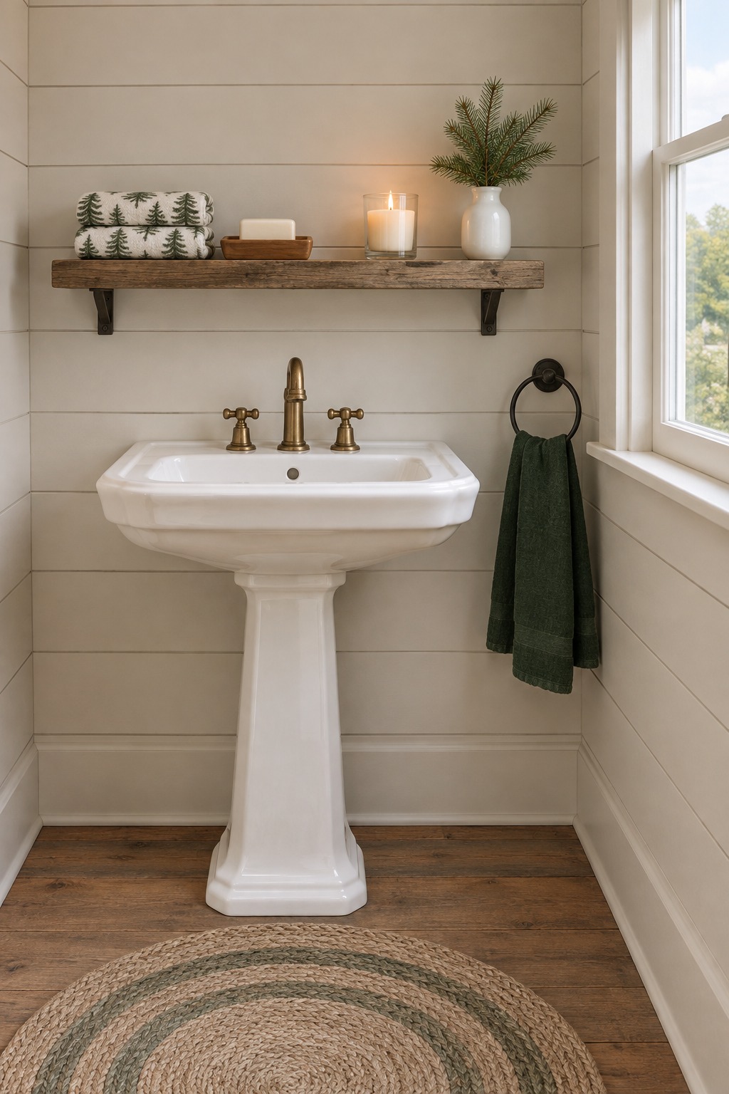 Two folded pine pattern hand towels on a wooden shelf in a farmhouse powder room beside a bar of soap, a small evergreen sprig in a vase and a lit candle in a glass jar