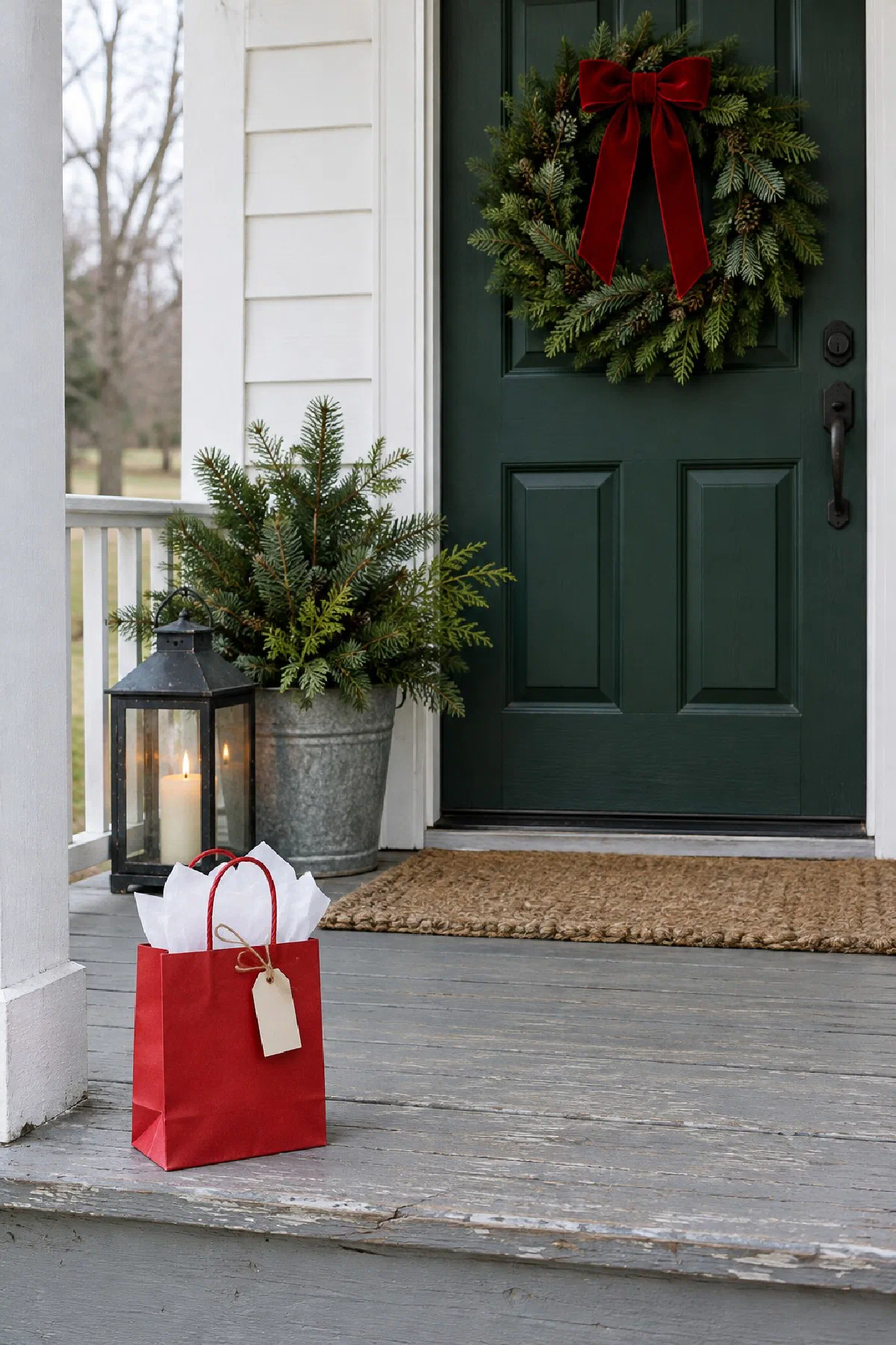 Small wrapped gift bag with tissue paper and a tag sitting on a farmhouse front porch step beside a green door with a wreath and a lit lantern, a pot of evergreens beside it