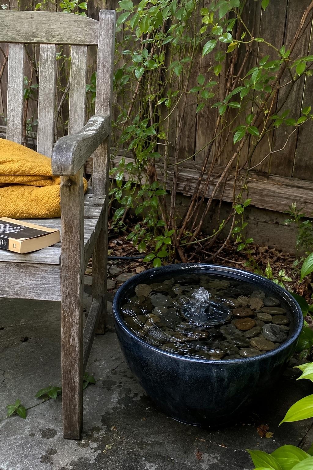 Small illustrative bowl fountain beside a backyard bench