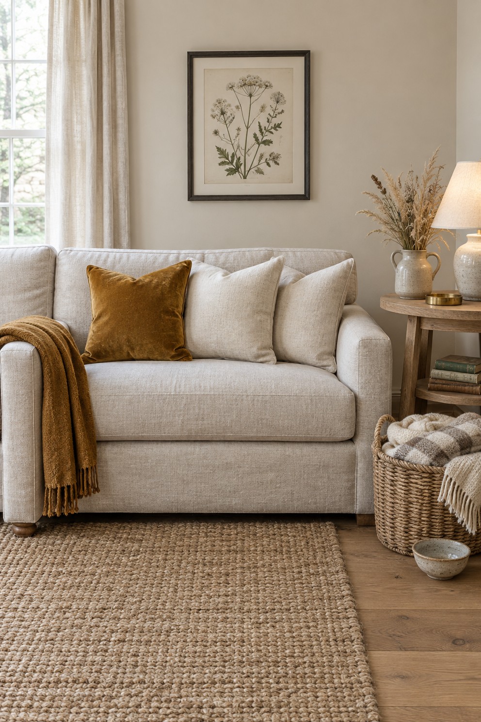 Oatmeal linen sofa with an ochre wool throw and an ochre velvet cushion in front of pale beige walls