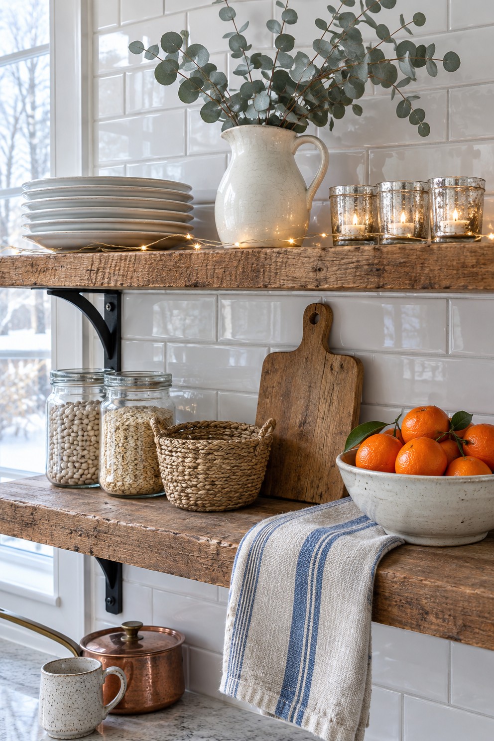 Wood open kitchen shelves with white plates, an ironstone pitcher of eucalyptus, three mercury glass votives with lit tealights, a seagrass basket, jars of beans and oats and a bowl of clementines