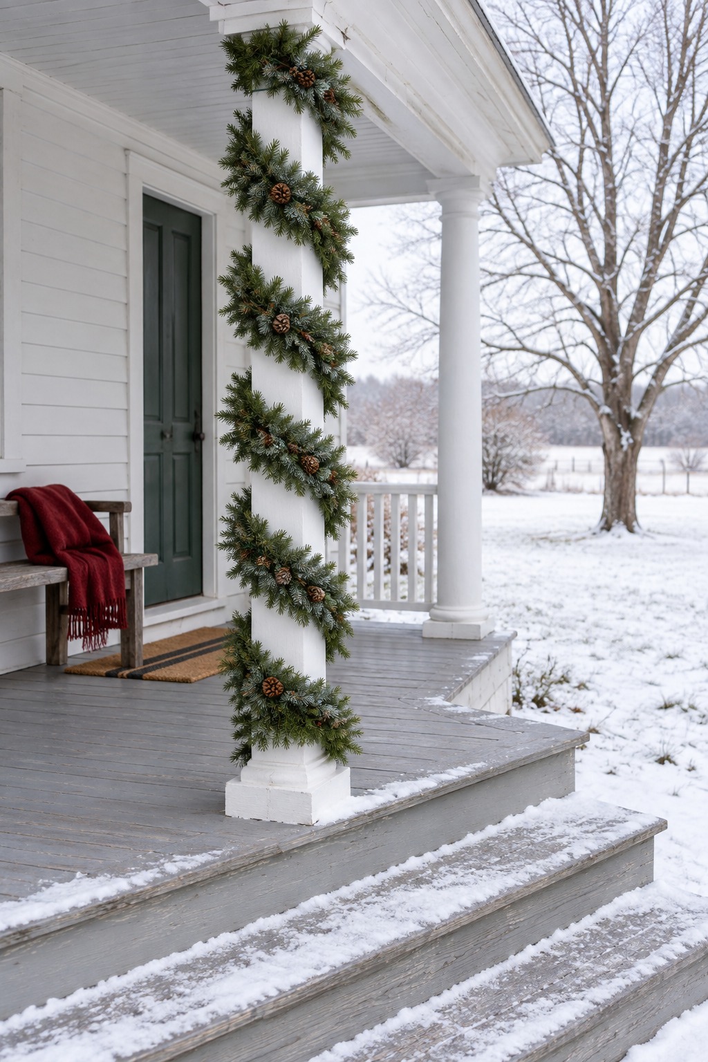 Noble fir garland wrapped in a tight wired spiral around a white porch column with snow on the steps