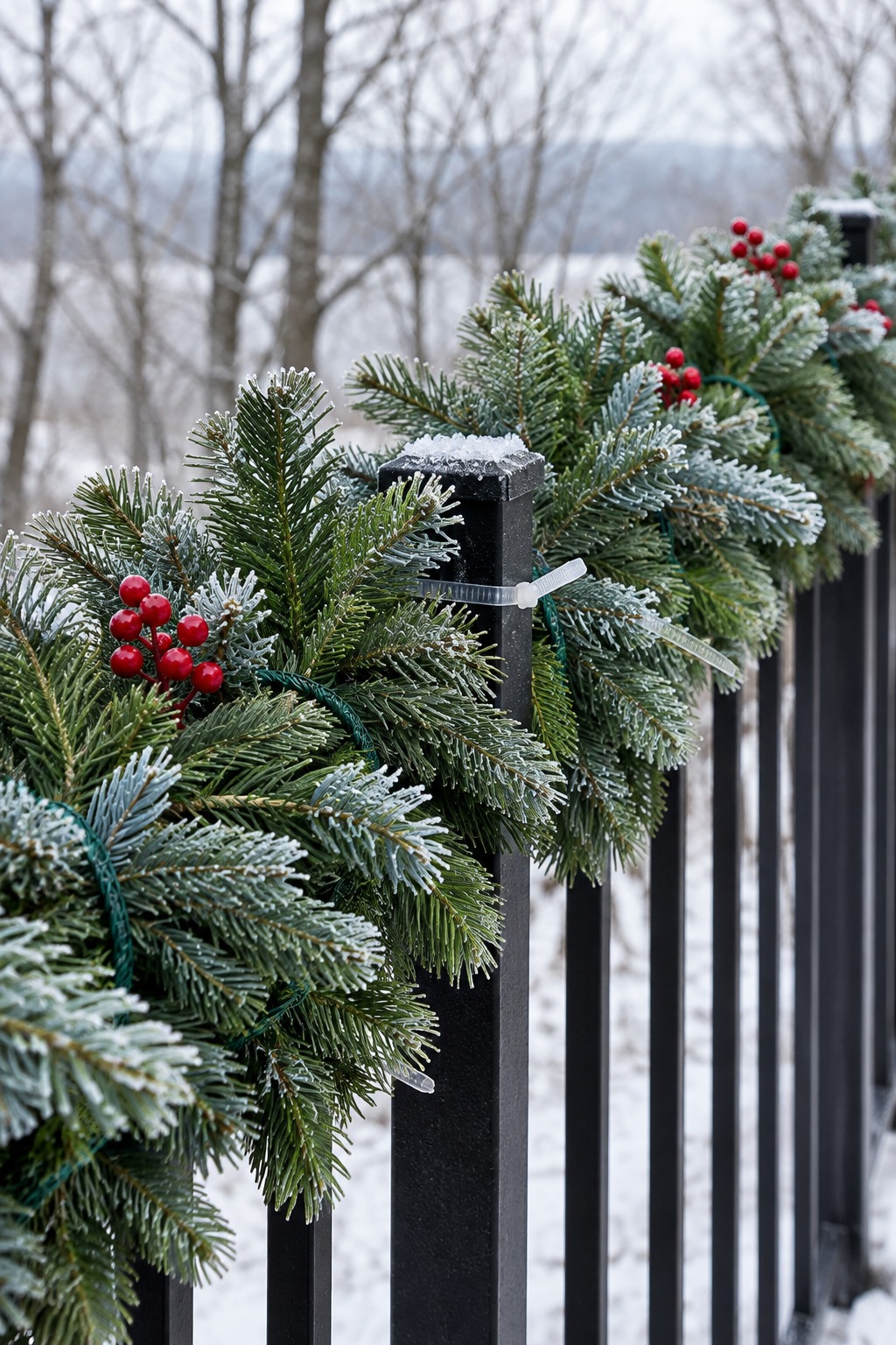 Noble fir garland wired and zip-tied to a black porch railing with red berry picks and light frost