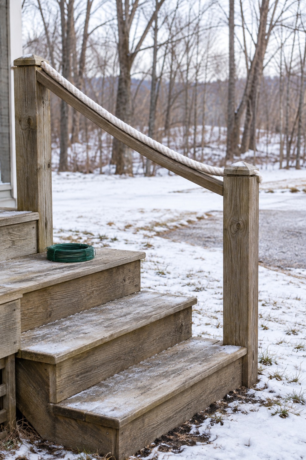 White rope laid along a porch stair handrail to measure the dip a garland will take