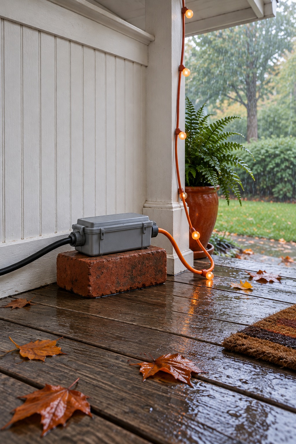 String light plug sealed in a plastic cord cover box raised on a brick off a damp porch floor