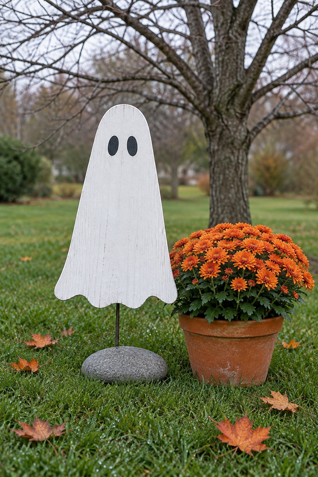 White wooden ghost cutout on a metal stake set in a heavy stone, beside a pot of orange mums on a damp lawn