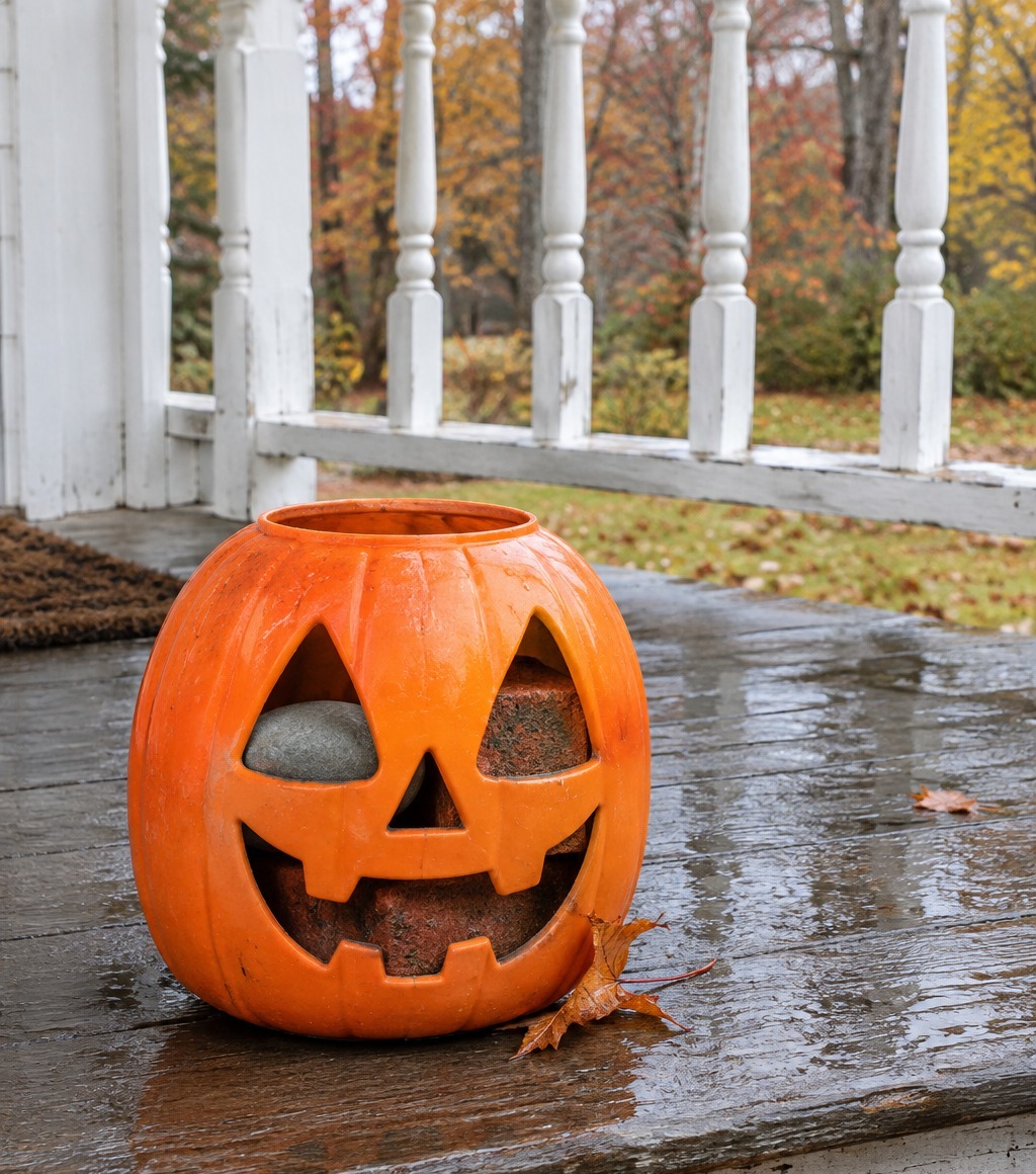 Orange plastic pumpkin prop on a wet porch step weighted with a river stone and a brick inside