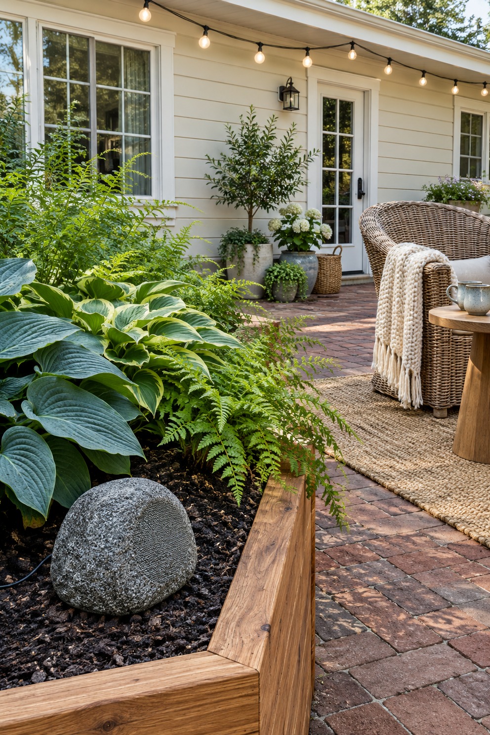 Gray rock-shaped outdoor speaker in the mulch of a cedar planter with hostas and ferns, a black cable running into the mulch, patio furniture behind