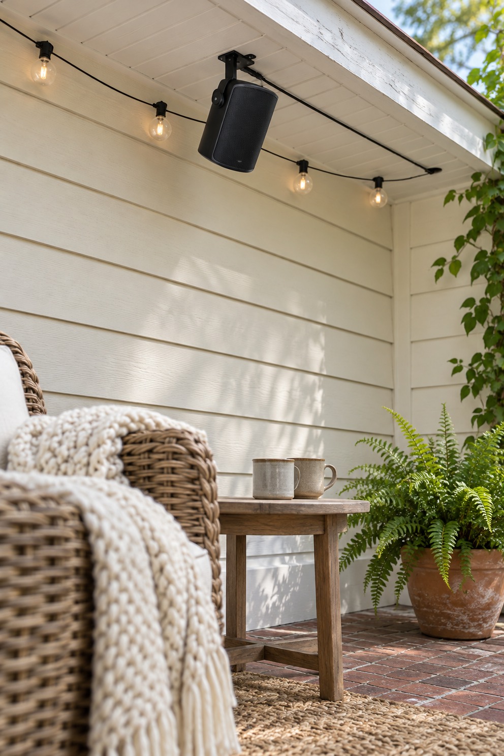 Black outdoor speaker on an adjustable bracket under a house eave next to a string of lights, angled toward a wicker chair and side table