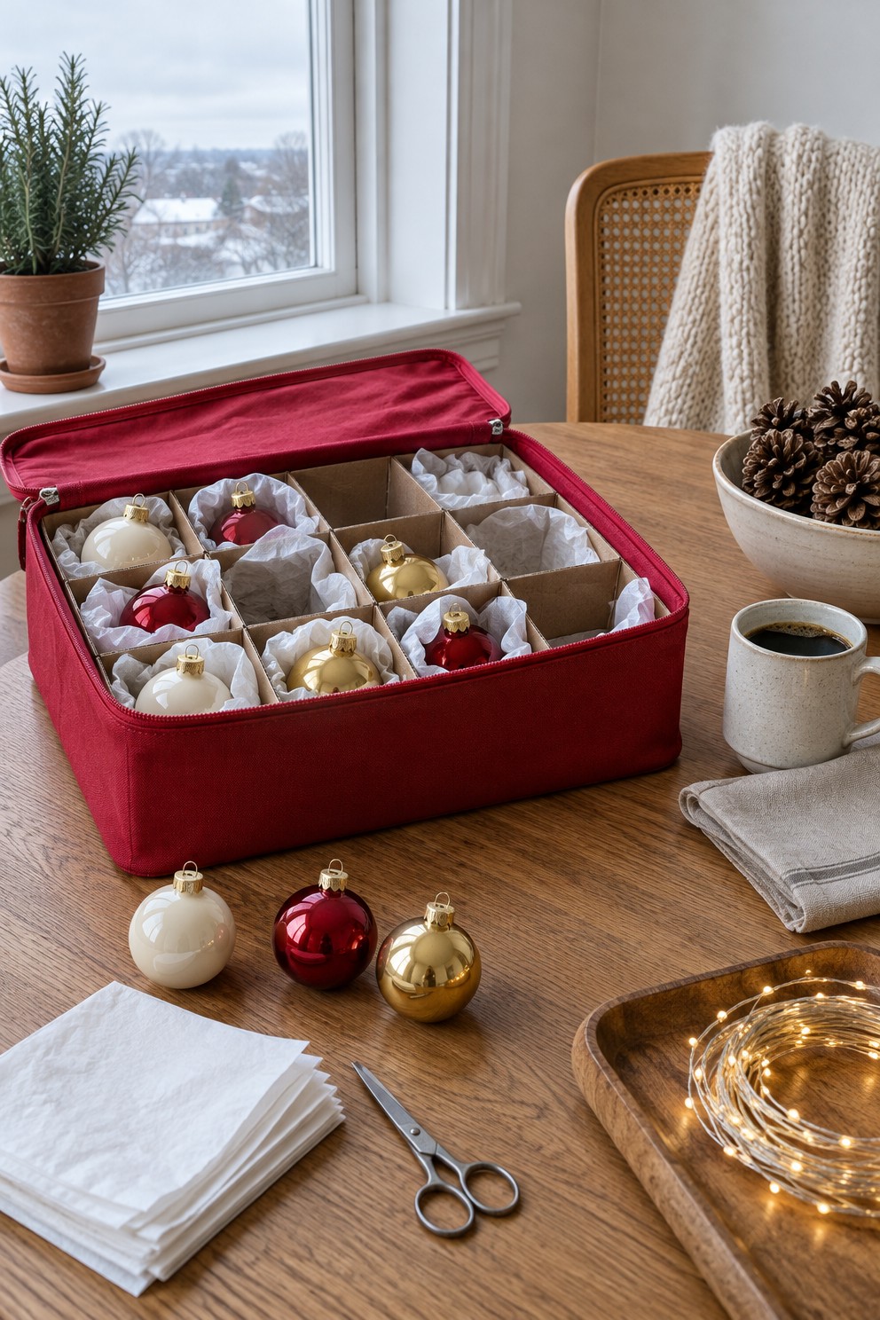 A red zippered ornament box with cardboard dividers on a round oak table, half filled with glass ornaments wrapped in tissue paper beside a coil of string lights