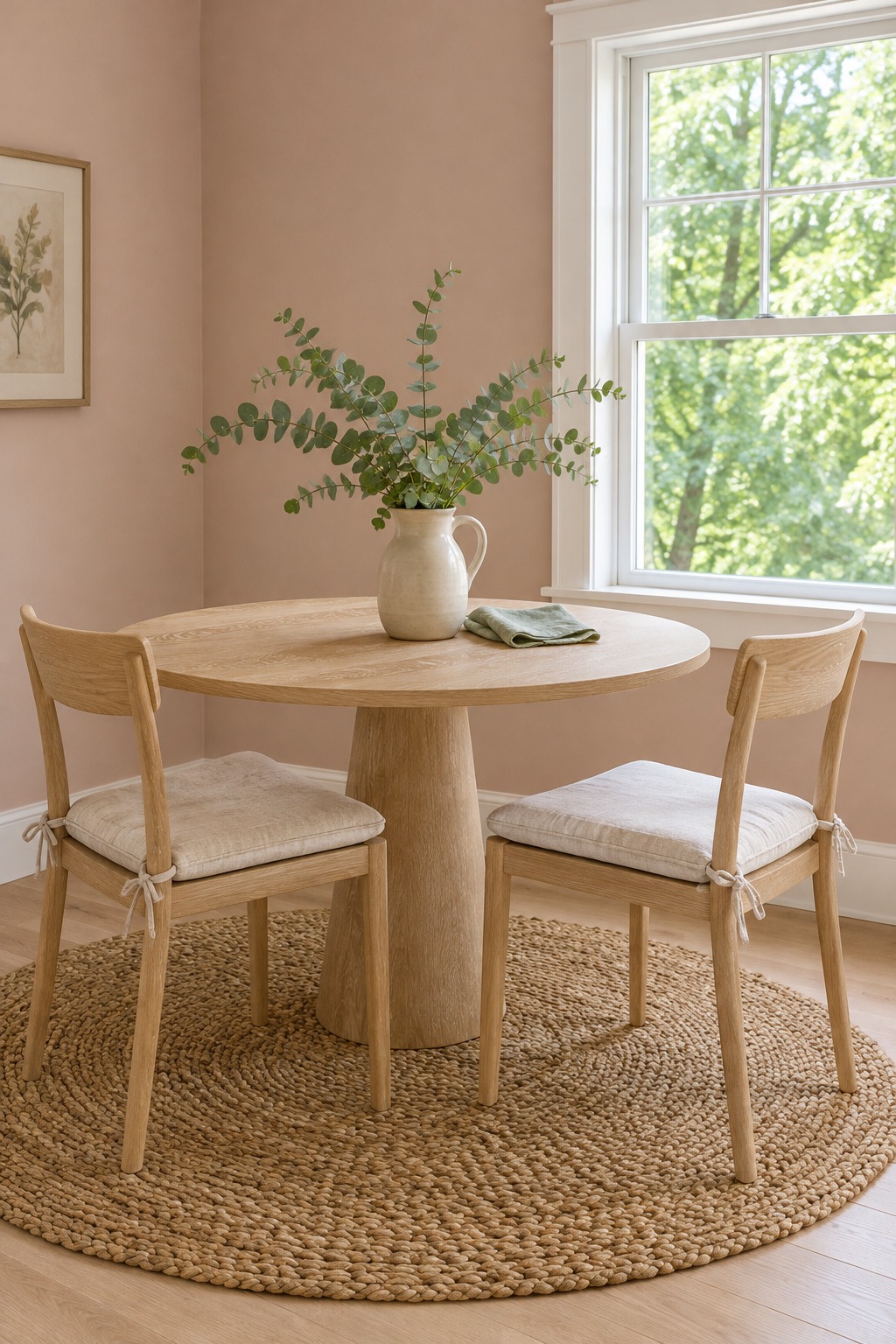 Small dining nook with muted clay walls, a round oak table and oatmeal-cushioned chairs