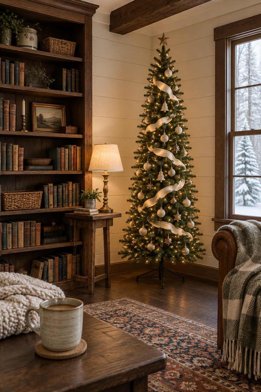 Pencil Christmas tree decorated with small cream ornaments, wide ribbon and a star on a living room corner next to a bookshelf