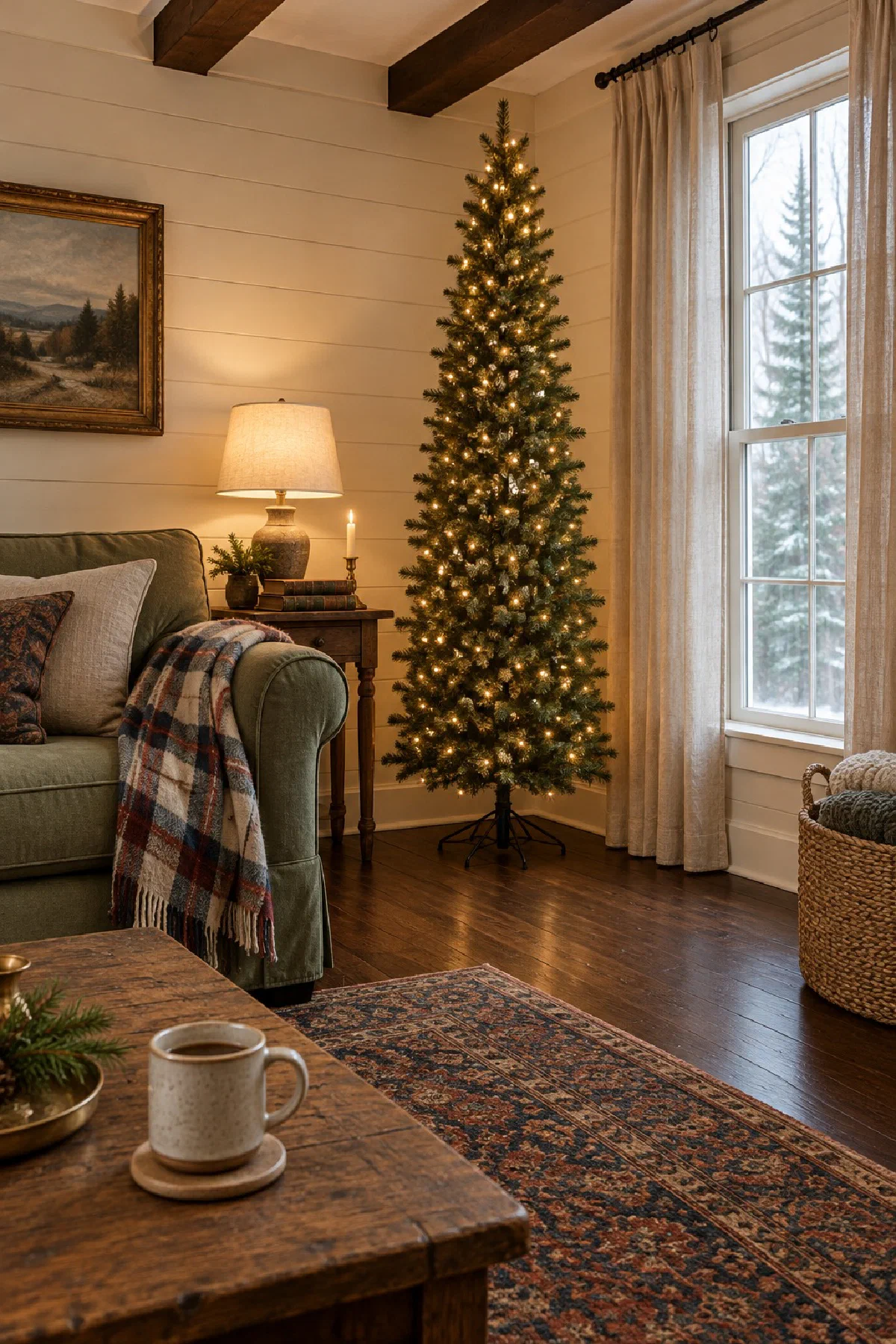 Slim lit pencil Christmas tree in the corner of a small living room beside a sofa and a window, with clear floor in front