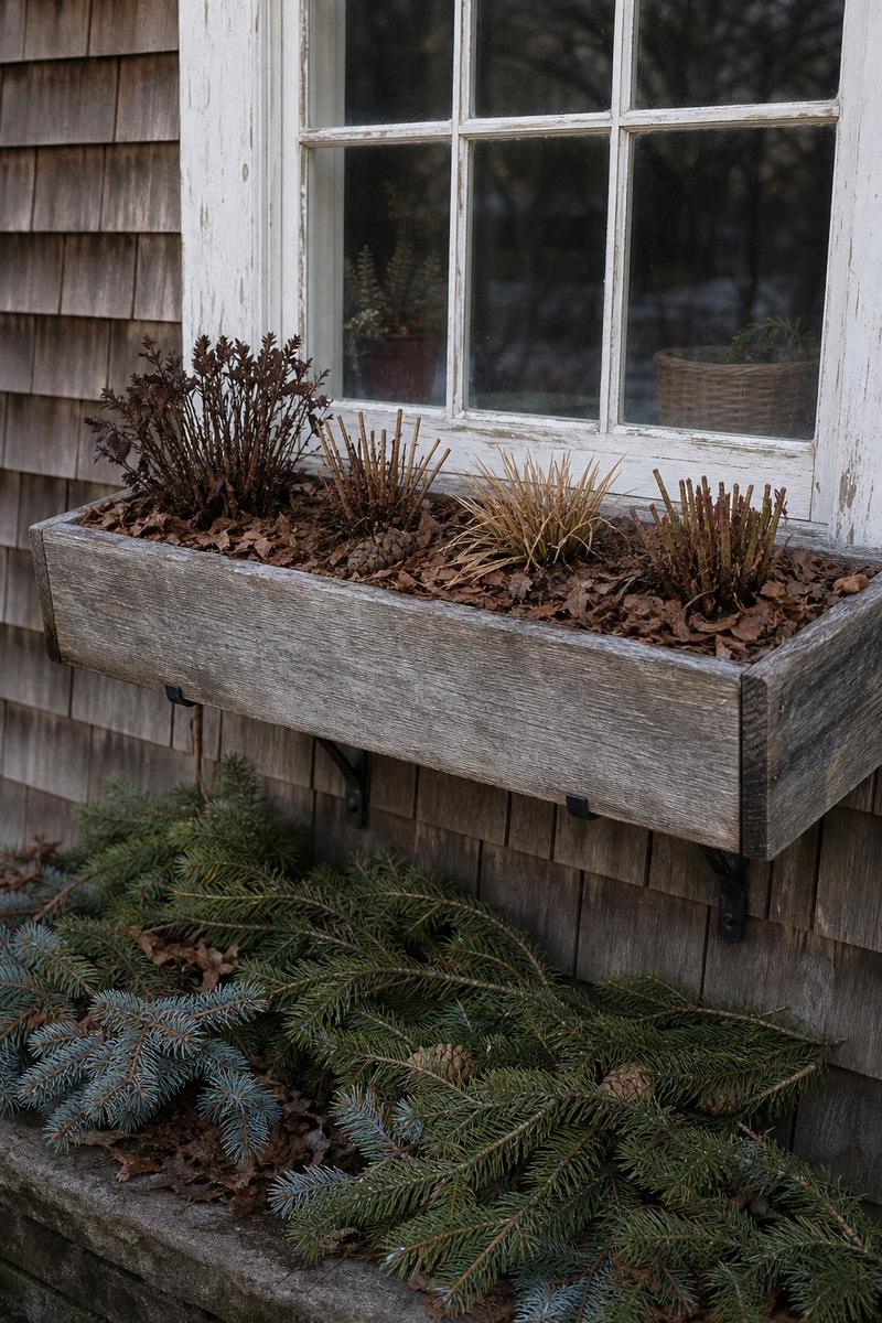 Late-season window box with trimmed perennial foliage, mulch, and evergreen texture near a window