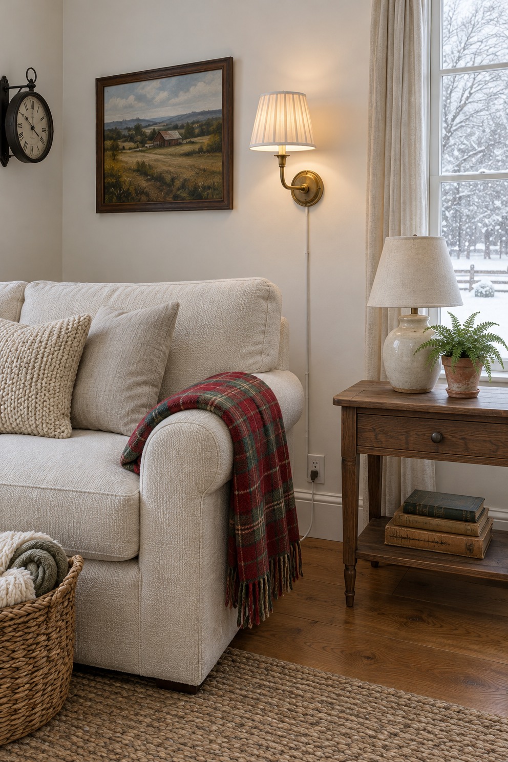 Plug-in wall sconce with a pleated shade glowing above the arm of a sofa, its white cord running down the wall to an outlet behind a side table