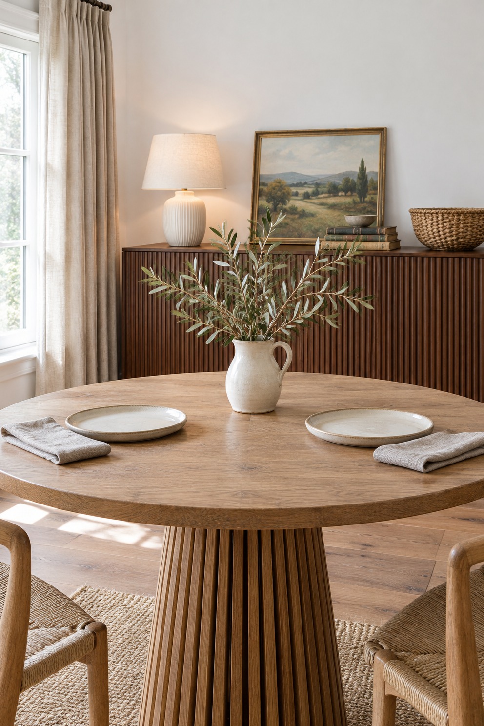 Round oak dining table on a slatted pedestal base set for two, with an olive branch pitcher and a fluted sideboard behind