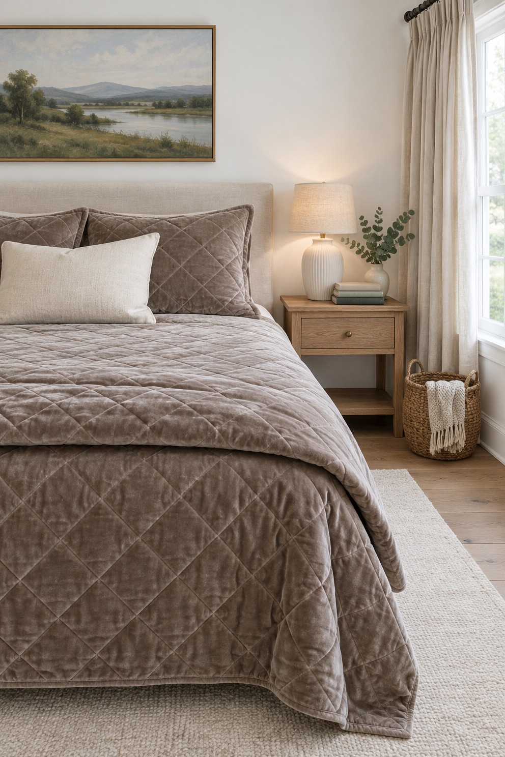 Queen bed with a taupe quilted velvet coverlet and matching shams, a ribbed ceramic lamp lit on an oak nightstand
