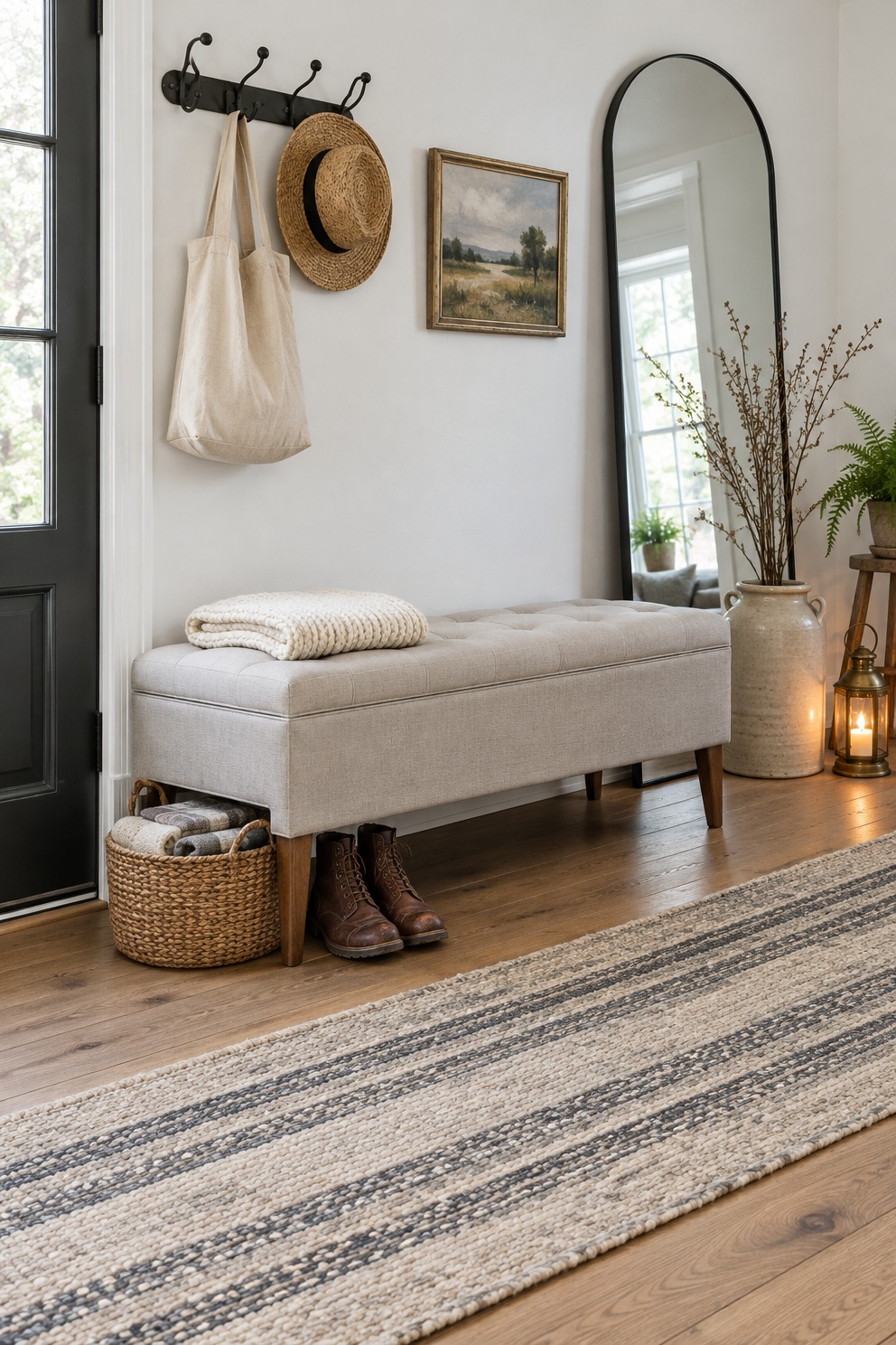Sand linen storage bench with a folded throw, a basket underneath and a tall arched mirror leaning on the wall beside it