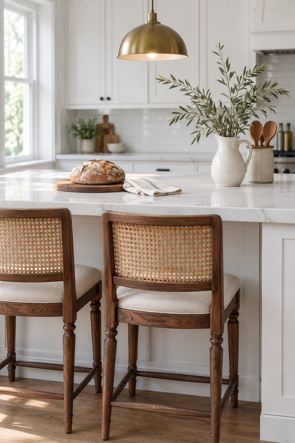 Two walnut counter stools with woven cane backs and cream seats pulled up to a white kitchen island