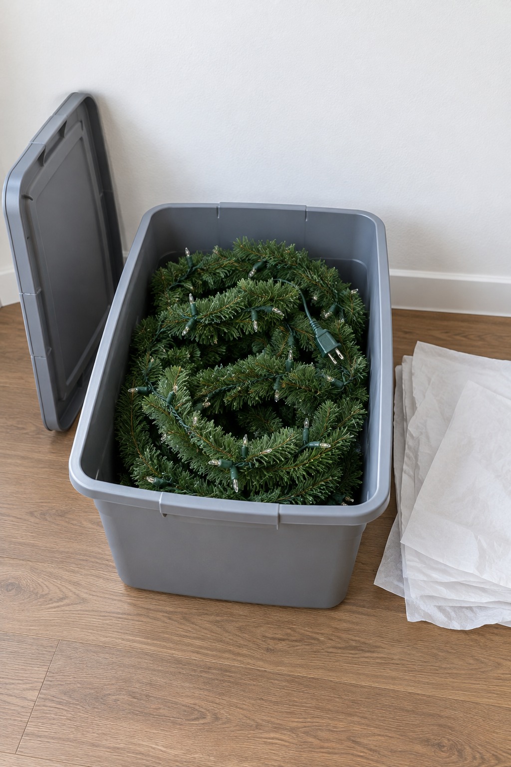 Pre-lit garland coiled loosely in an open gray storage tote with white tissue beside it