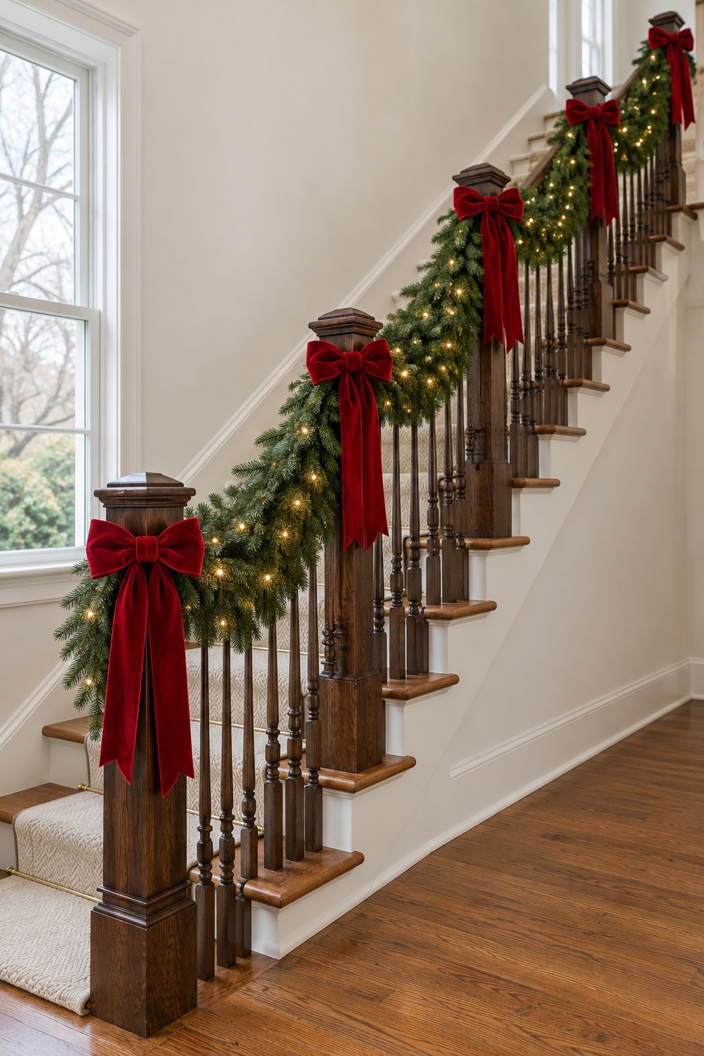 Staircase banister draped with a pre-lit evergreen garland in even dips with red velvet bows
