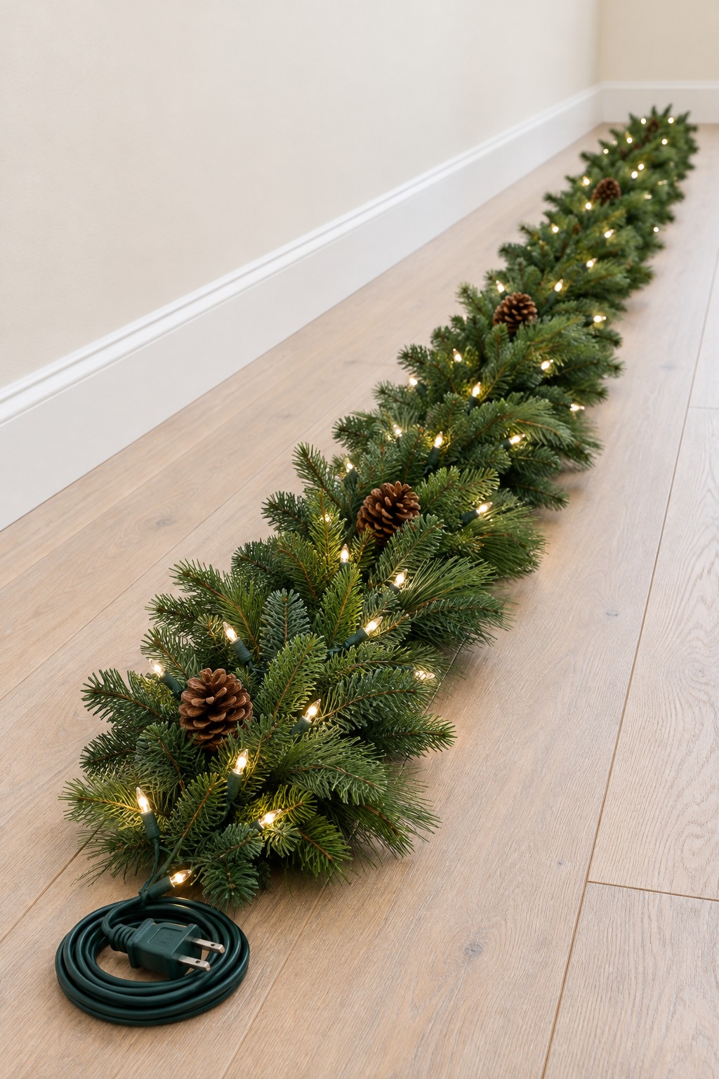 Pre-lit evergreen garland laid straight on a wood floor with its warm white lights on to test it