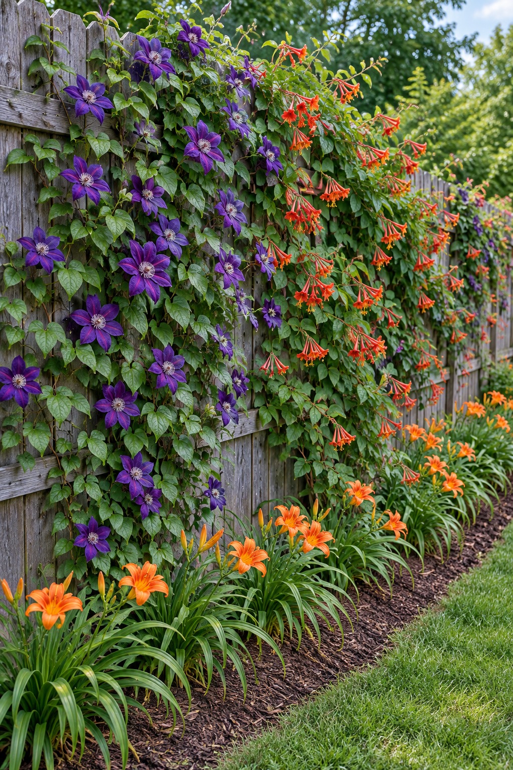 Fence covered with purple clematis on one side and red-orange trumpet honeysuckle on the other