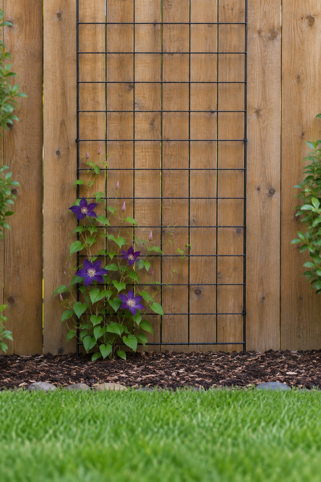 Young purple clematis climbing a black wire grid trellis fixed to a wooden fence