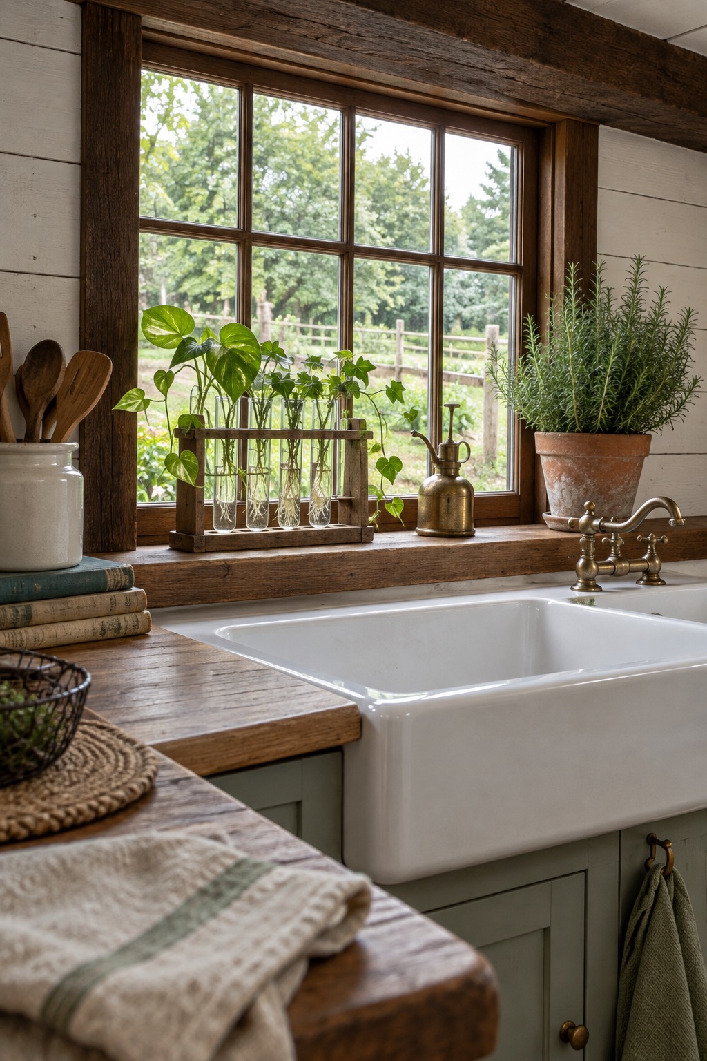 Kitchen windowsill above a white sink with a wooden stand of glass tubes holding pothos and ivy cuttings with white roots, a small brass mister and a pot of rosemary