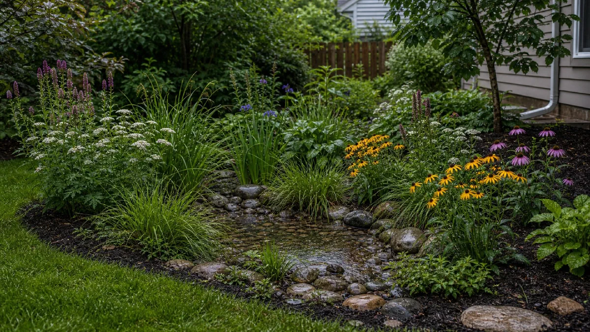 Planted basin and stone edge in a backyard