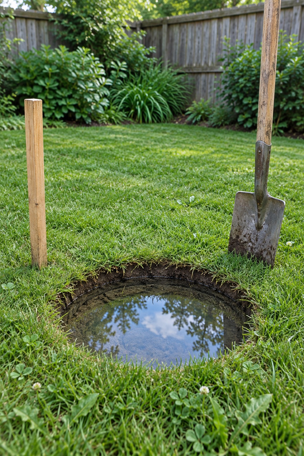 Round test hole in a lawn filled with water with a spade and a wooden stake beside it