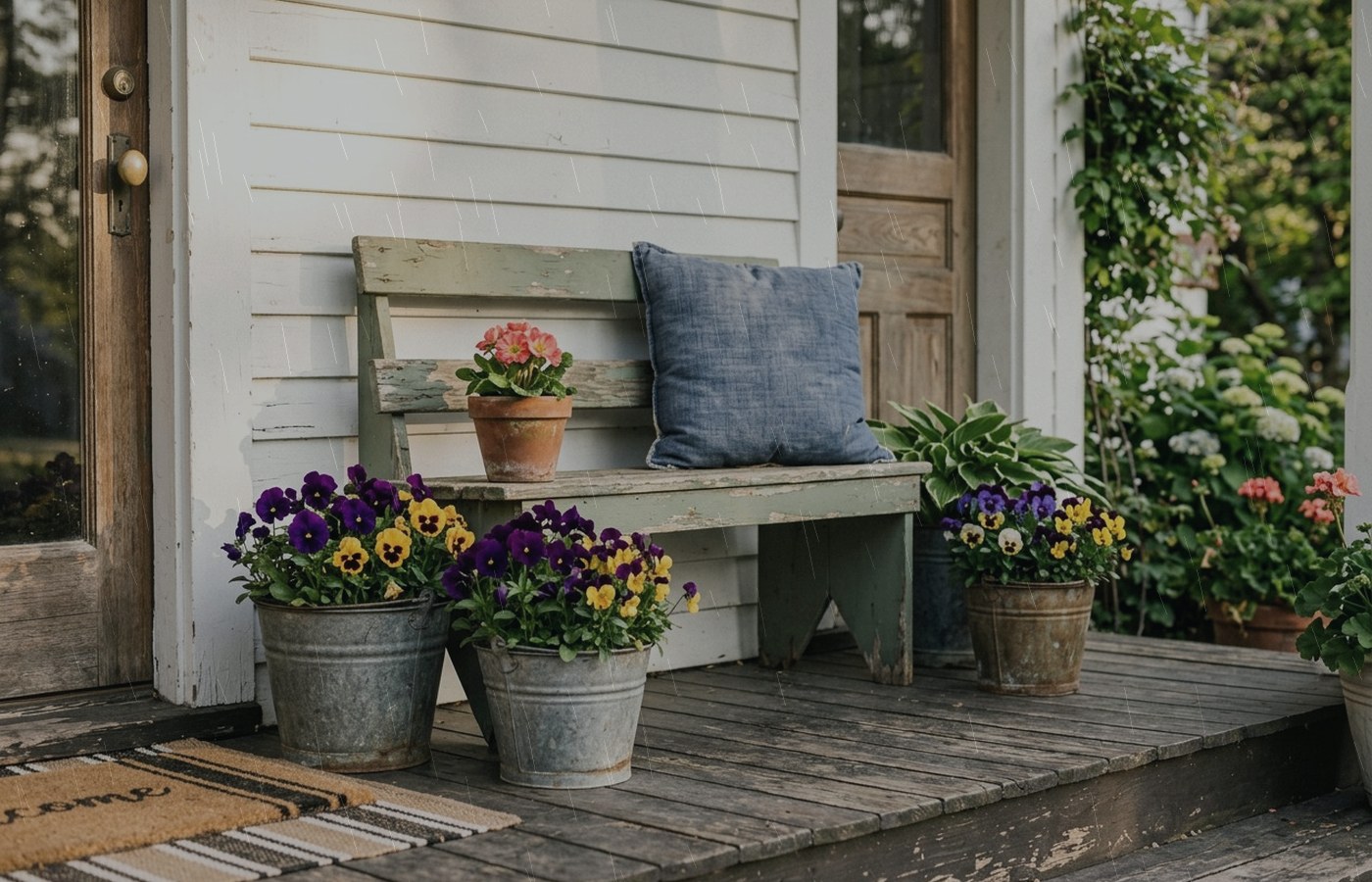 Small bench beside a blue cushion and flower pots on a covered porch